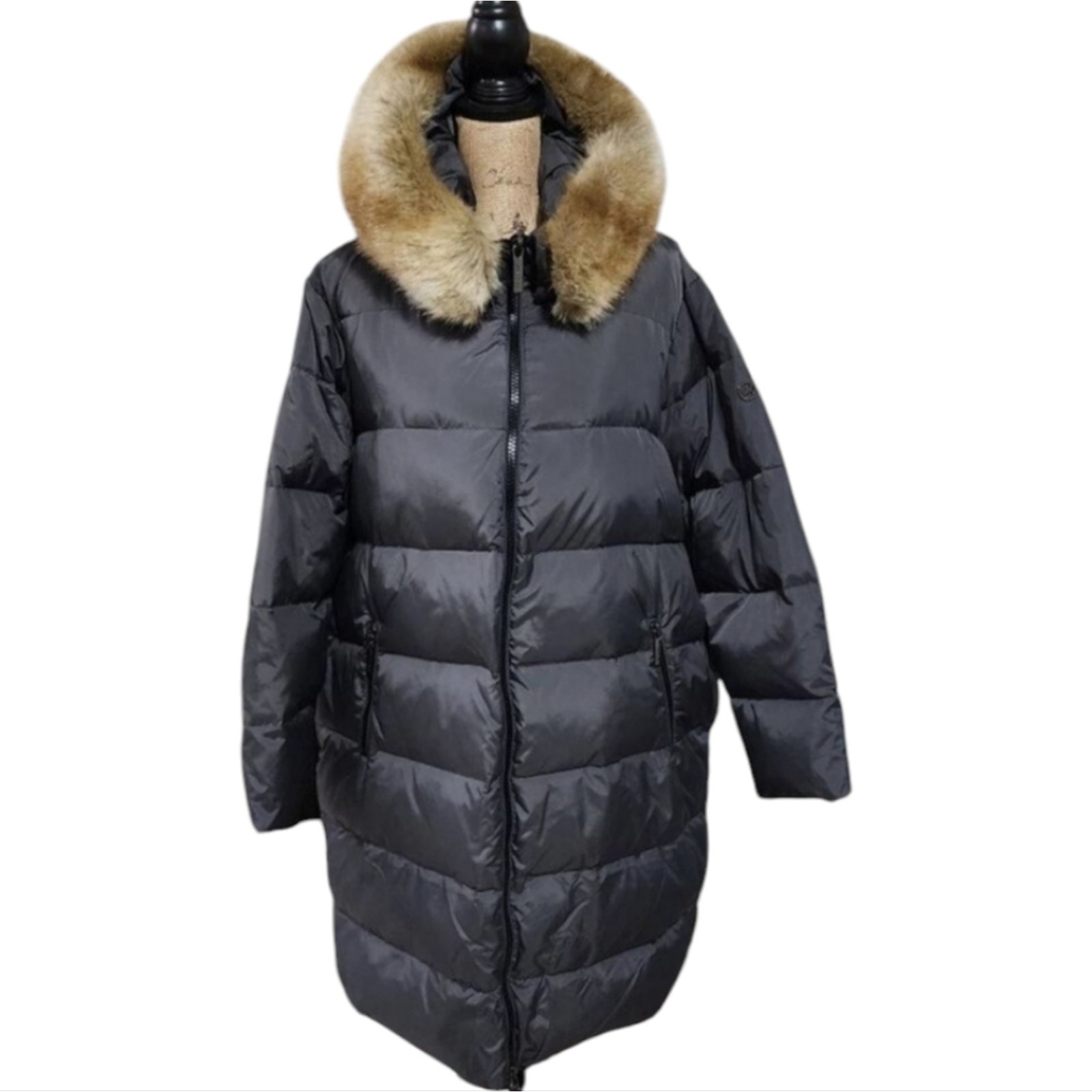 Michael Kors Steel Grey Maxi Long Faux Fur Hooded Puffer Coat Plus Size 2x New